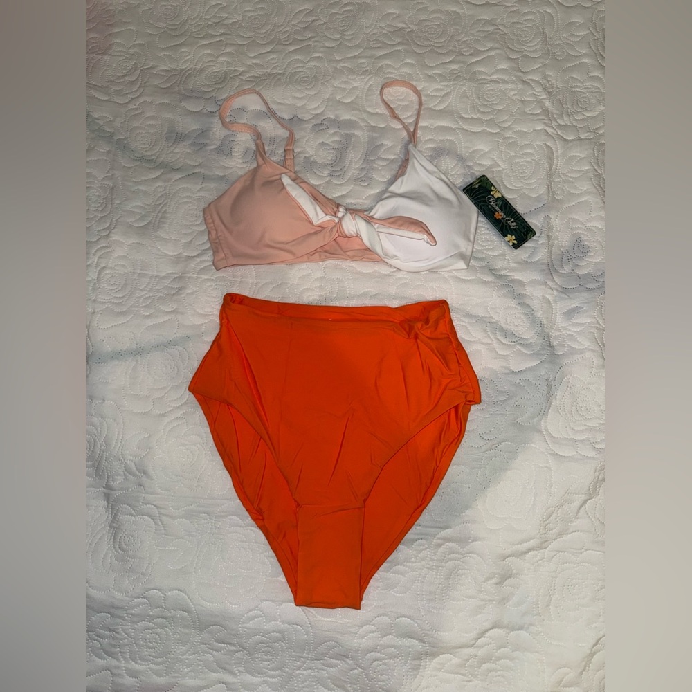 Blooming Jelly - Pink & White Tie-Front Bikini Top with Orange High-Waist Bottom - Picture 2 of 8